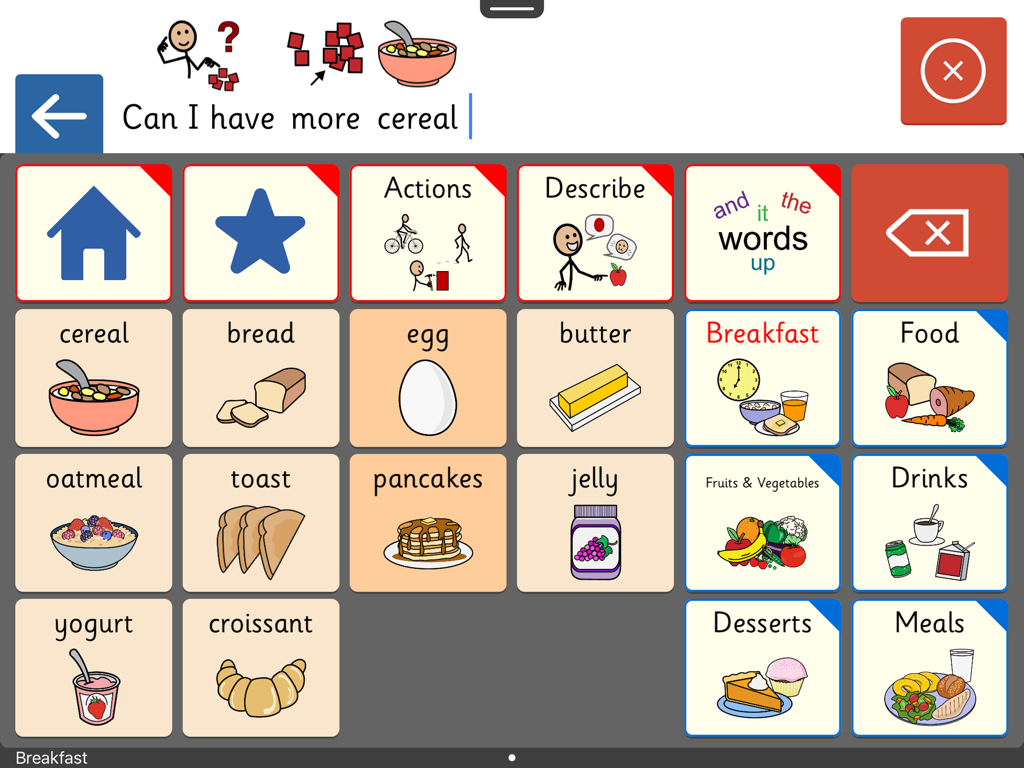 Clicker Communicator: AAC - Clicker Communicator AAC app interface showing a communication grid with breakfast food symbols and a sentence bar