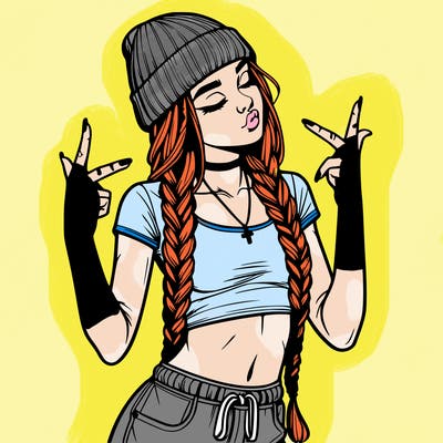 realistic teenage girl with braids and a beanie and crop top doing 🫶🏼