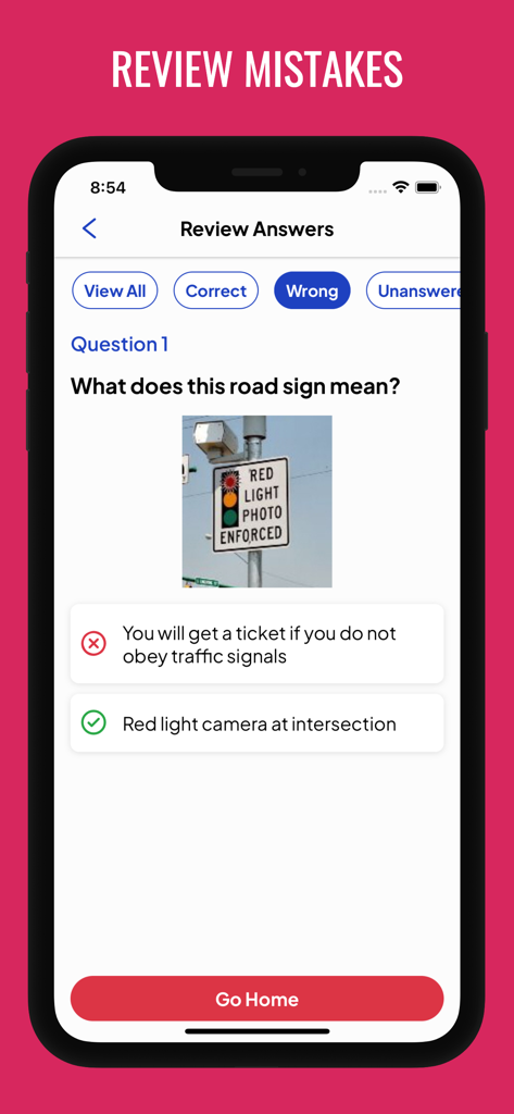 G1 Practice Test Ontario 2025 - Interface of the G1 Practice Test Ontario app showing a reviewed mistake on a road sign question about red light cameras