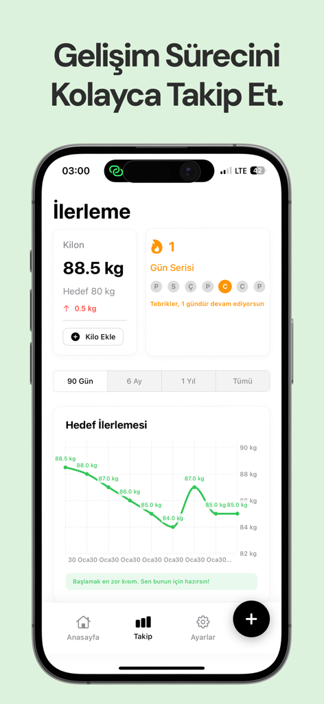 Kilo - AI Calorie Tracking - Interfaz de la aplicación de IA de Kilo que muestra un gráfico de seguimiento de peso y estadísticas de progreso.