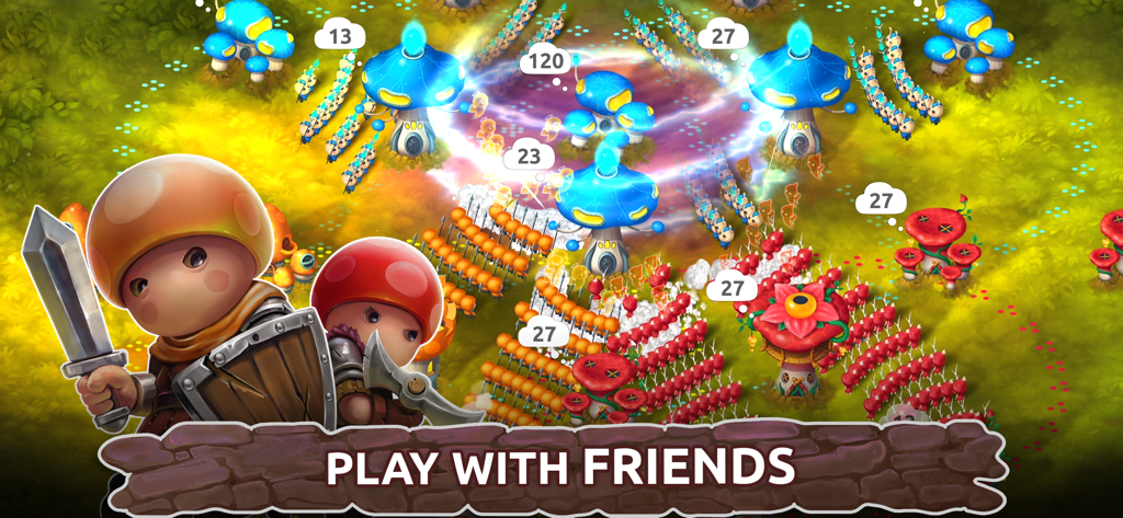 Gameplay scene of Mushroom Wars 2 featuring mushroom armies and towers with Play With Friends message