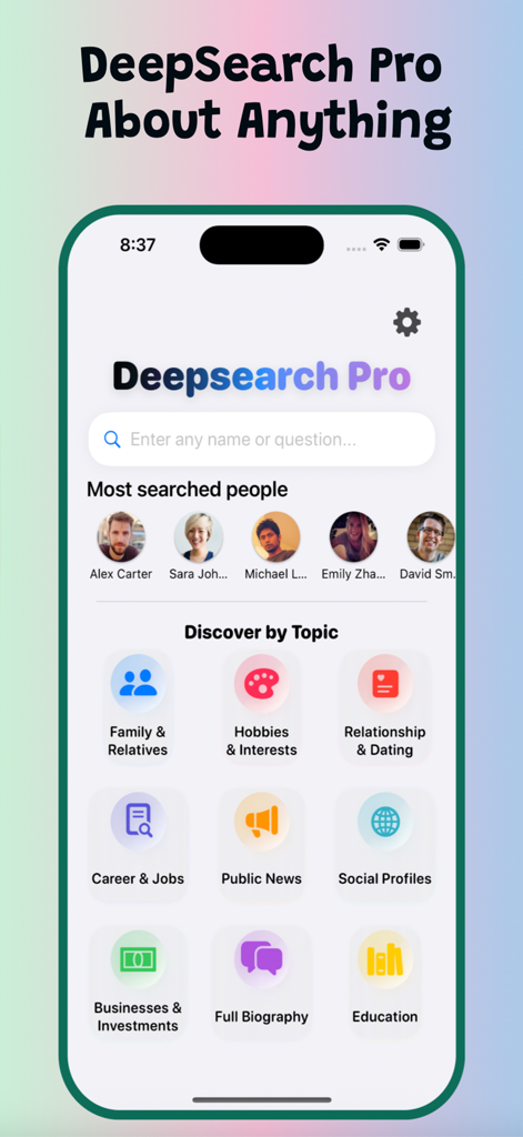 Deepsearch Pro AI QuickFind - Deepsearch Pro AI app dashboard with people search features and discovery topics