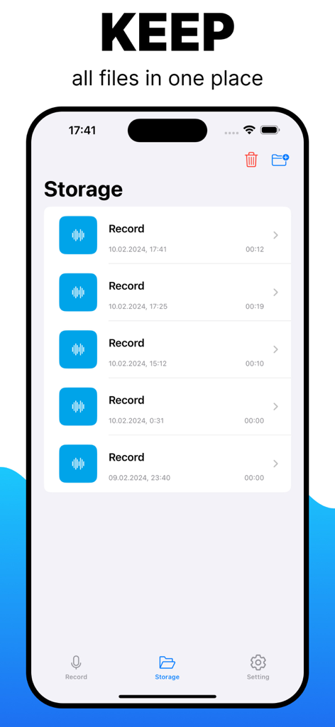 Voice Memos App - Voice Memos App storage screen showing a list of saved audio recordings