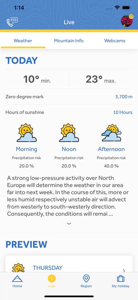 L'application Serfaus-Fiss-Ladis affiche des données météorologiques en direct et les risques de précipitations en montagne.