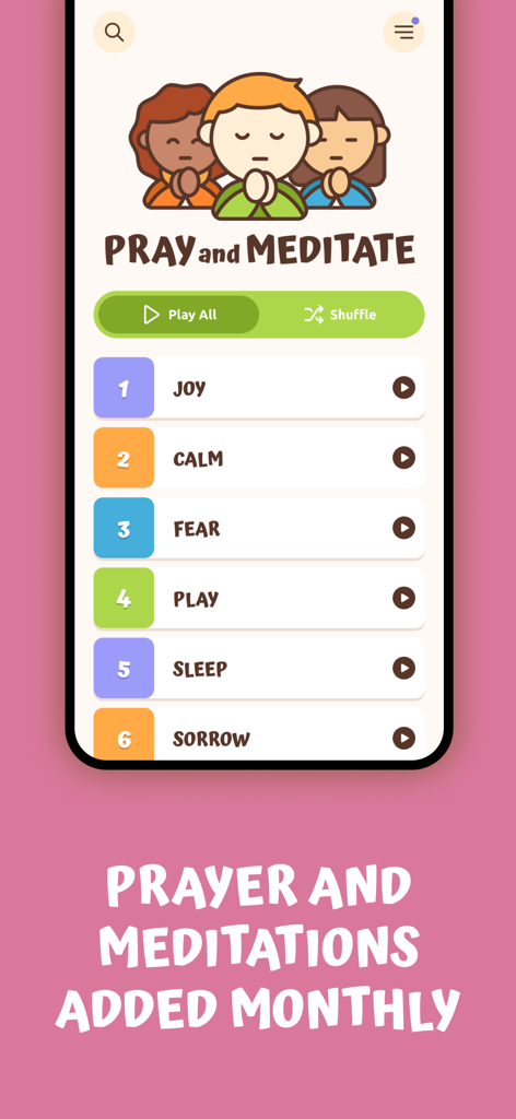 Kids Bible app screen displaying prayer and meditation topics like joy, calm, and sleep.