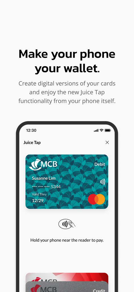 MCB Juice - MCB Juice mobile app showing digital wallet and contactless tap to pay feature