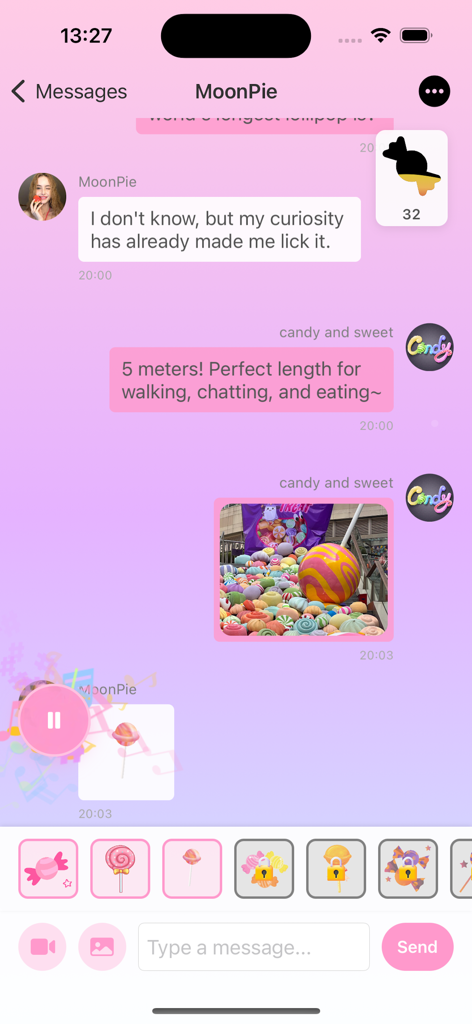 Candy Chat-Sweet Connections - A pastel pink chat screen in the Candy Chat app with candy icons and messages