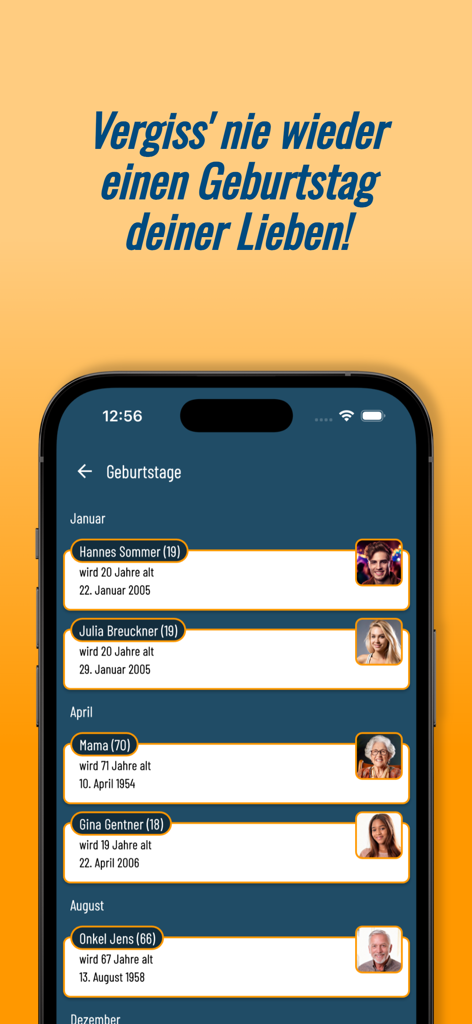 Écran de liste d'anniversaires dans l'application de vacances allemandes montrant les anniversaires familiaux à venir avec des photos et des âges organisés par mois.