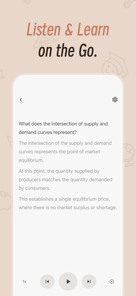 La interfaz de la aplicación Noolingo presenta controles de audio de texto a voz para el estudio de tarjetas didácticas