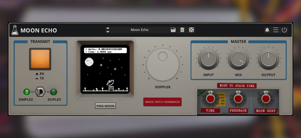 Moon Echo - Moon Echo app interface showing retro-futuristic controls for delay, doppler, and space-themed audio effects