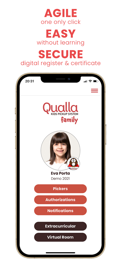 Qualla Family App Mobile-Oberfläche, die ein Kinderprofil mit Schaltflächen für Abholer, Autorisierungen und außerschulische Aktivitäten anzeigt