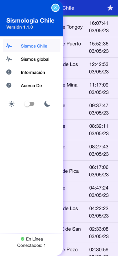 Sismología Chile - Navigation drawer of the Sismologia Chile mobile app showing options for national and global earthquake tracking and a dark mode toggle.