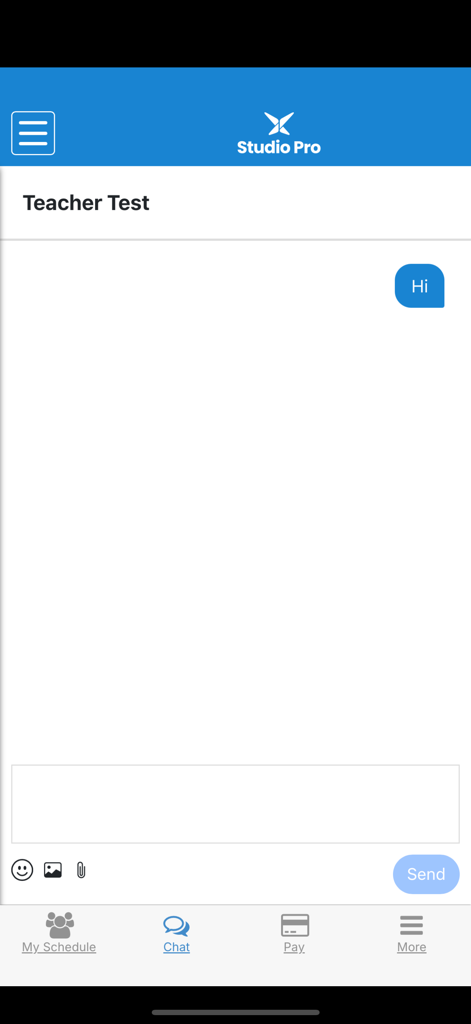 Studio Pro Portal - Interface de bate-papo no aplicativo Studio Pro Portal para enviar mensagens aos professores.