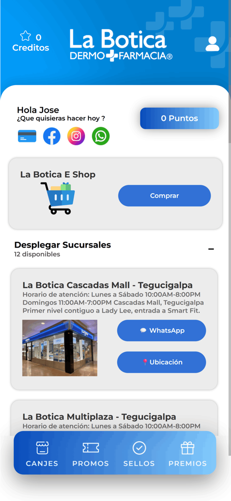 La Botica - Haupt-Dashboard der La Botica Apotheken-App mit Einkaufsoptionen und Filialen in Honduras