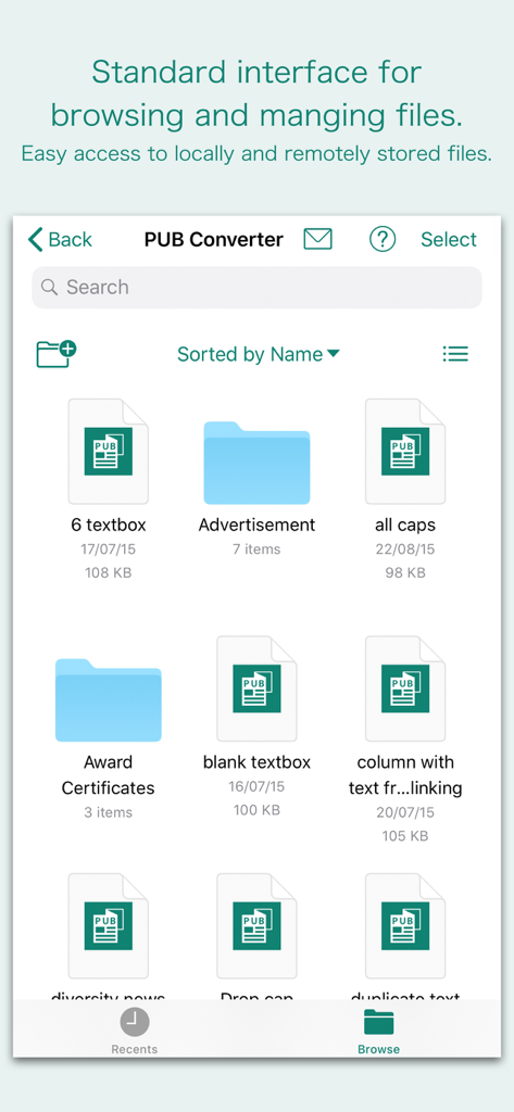 Microsoft Publisherファイルを閲覧および管理するためのPUB Converterアプリのインターフェース