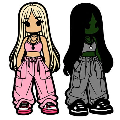 girl in baggy pants crop top and long hair