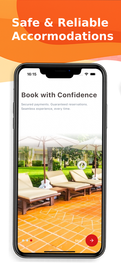 テンポ・アフリカモバイルアプリのオンボーディング画面に表示される、ラウンジチェアと傘のある高級リゾートのプールサイド