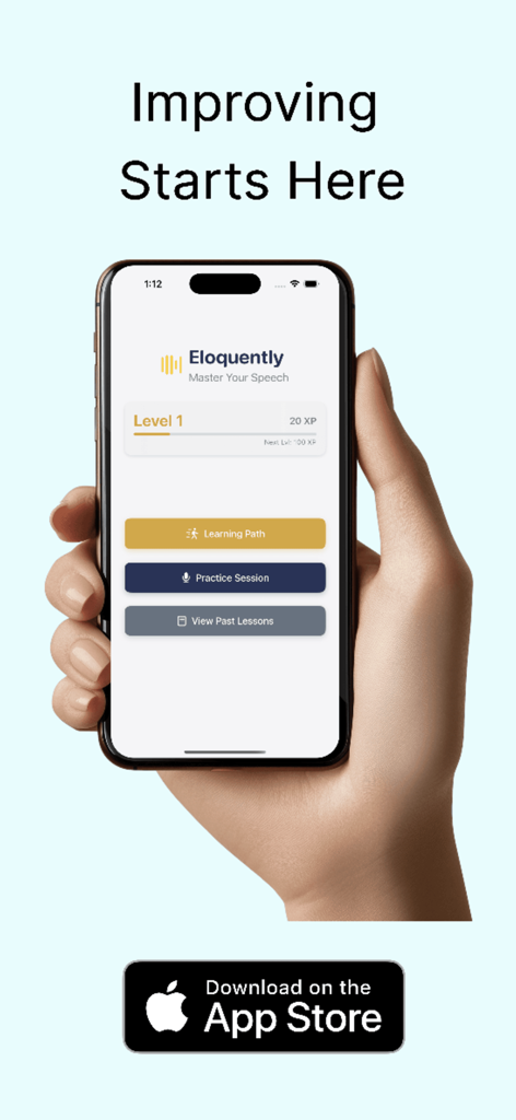 Eloquently - Una mano sosteniendo un teléfono inteligente que muestra la pantalla de inicio de la aplicación Eloquently con botones de práctica y ruta de aprendizaje.