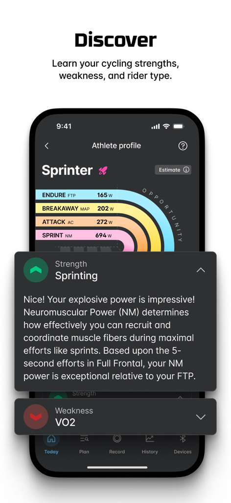 Wahoo - Wahoo app athlete profile screen showing cycling strengths and sprinter rider type categorization with power metrics