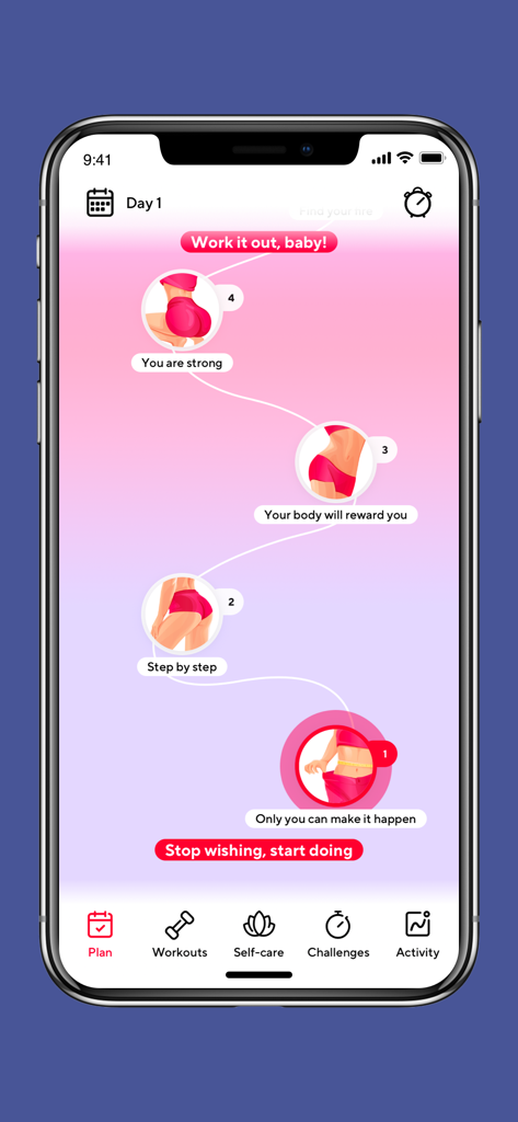 Fitness for Women by Fit & Hot - A mobile fitness app screen showing a step-by-step workout journey for women with motivational quotes and body progress visuals.