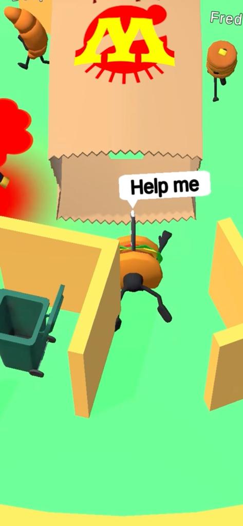 Gameplay do Food Escaper mostrando um personagem 3D de hambúrguer com uma balão de fala 'Ajuda-me'