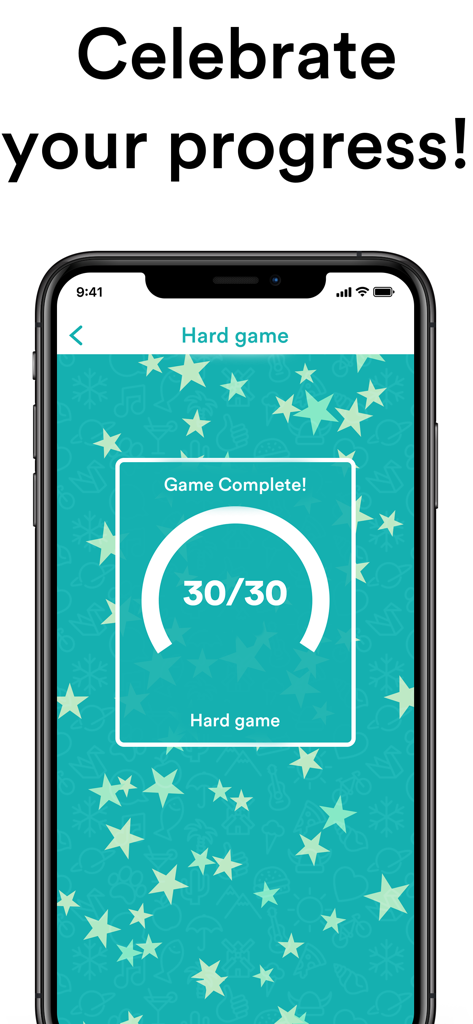 A smartphone showing a game complete screen in the uTalk app with a perfect score of 30 out of 30