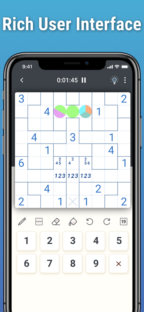 Suguru & Variants by Logic Wiz - A smartphone displaying the Suguru and Variants app interface with a handcrafted logic puzzle board and number pad.