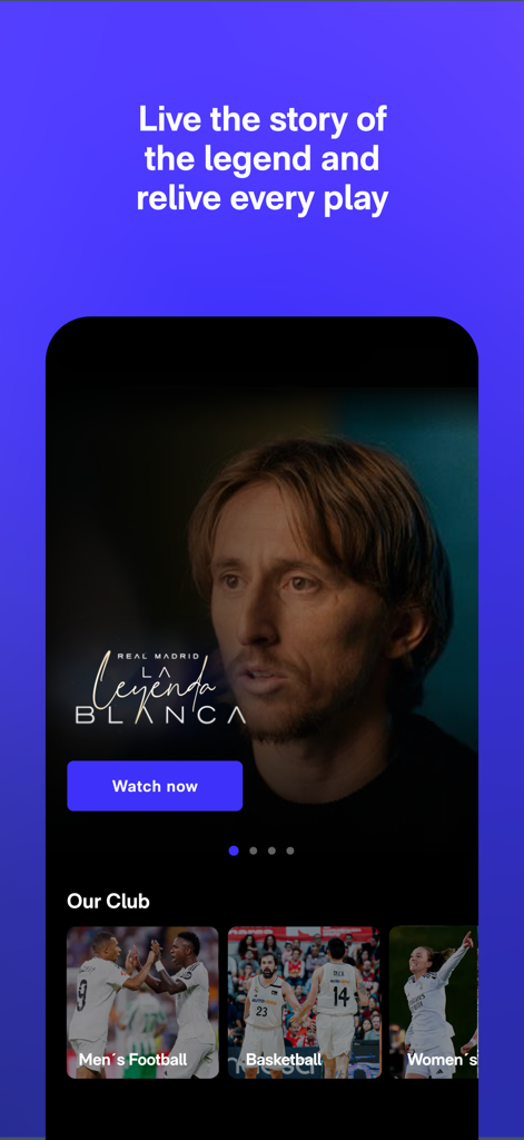RM Play app interface displaying Real Madrid documentaries and sports categories