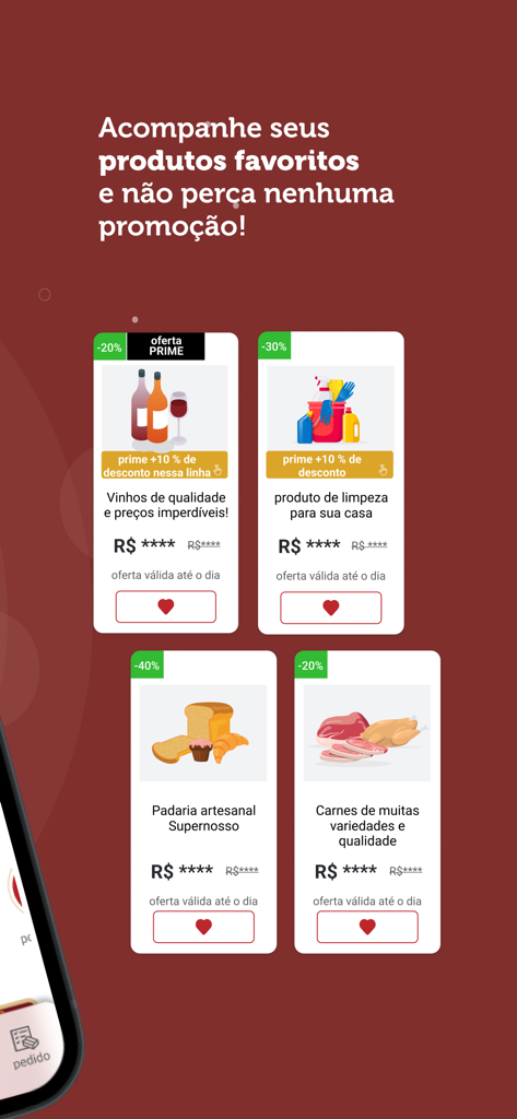 Interface do aplicativo móvel exibindo ofertas e descontos personalizados de supermercado em vinhos, padaria e mercearias.