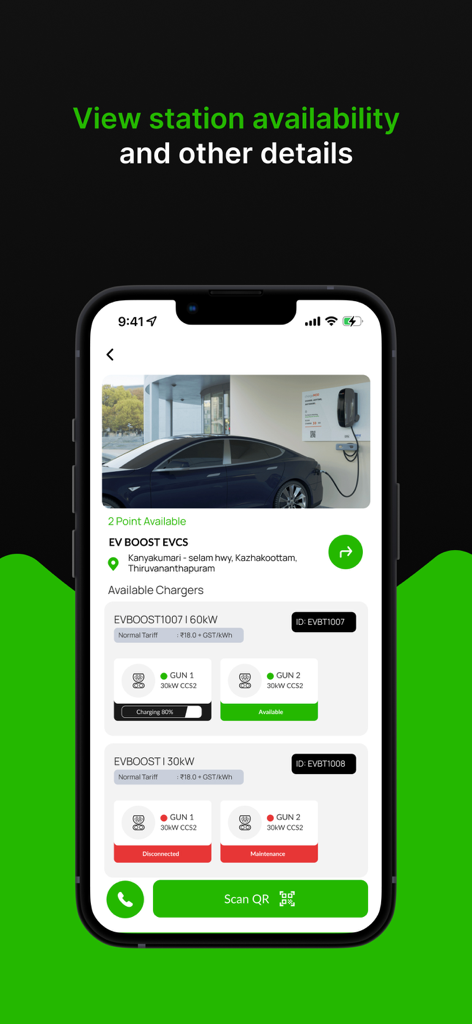 EV Boost - Mobile app screen showing real-time EV charging station availability and connector status for EV Boost in India.