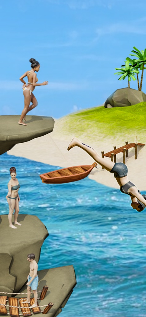 A character performing a flip dive from a high cliff into tropical blue water in the Flip Diving Master mobile game.