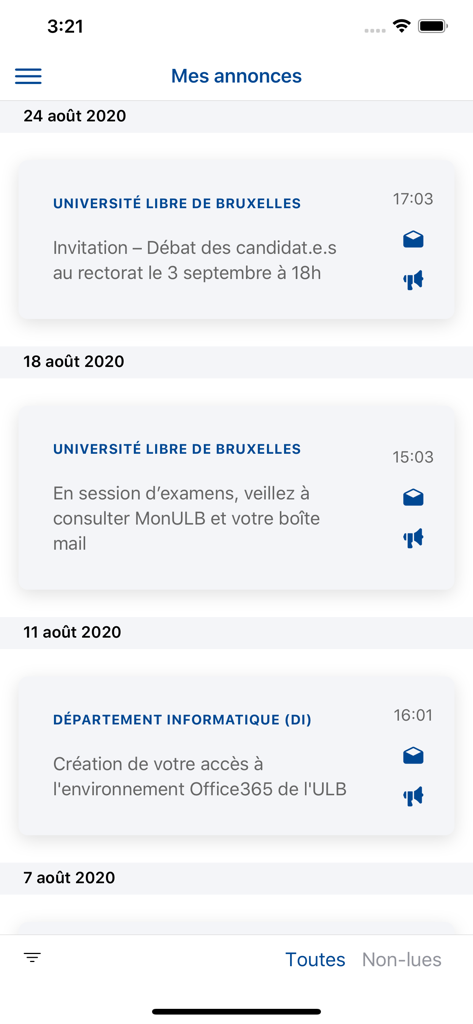 MonULB - Interface of the MonULB app displaying a list of institutional and faculty announcements sorted by date for university students.