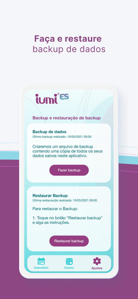 Iumi ES - Pantalla de la aplicación móvil Iumi ES para la configuración de copia de seguridad y restauración de datos