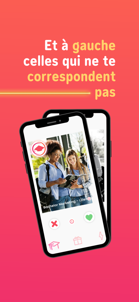 Orientation Parcoursup & Bac+3 - Écran mobile de l'application StudyMatch montrant le profil d'un programme de Bachelor avec une mécanique de swipe pour l'orientation des étudiants.