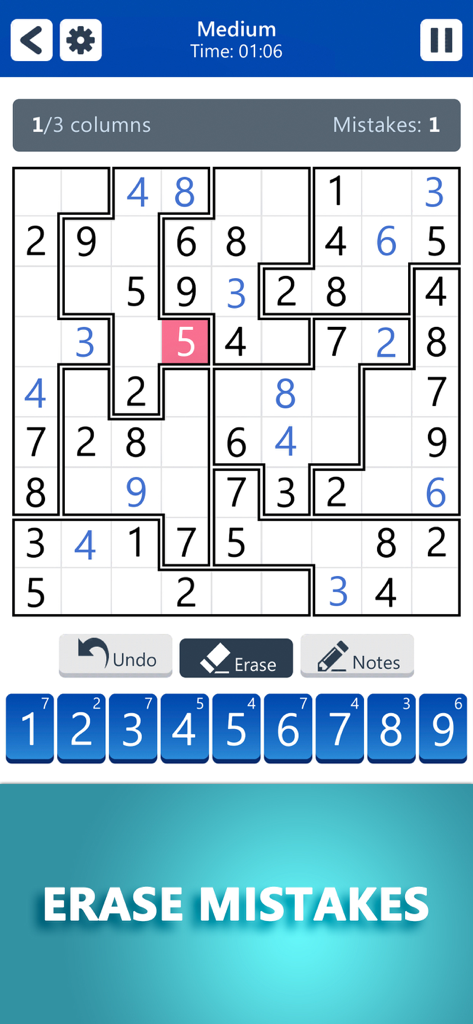 A game of Microsoft Sudoku in irregular mode showing a red highlighted mistake and the erase mistakes feature.