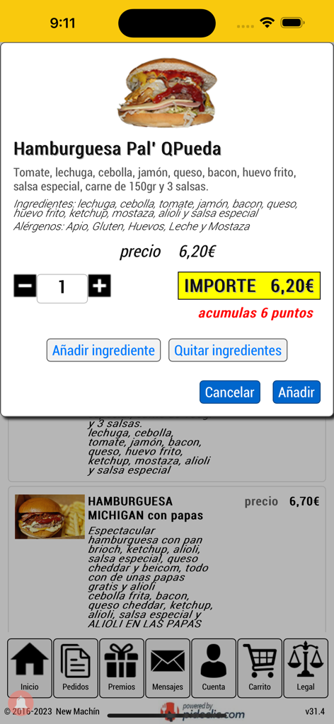 Interfaz de la aplicación New Machin 4.0 que muestra detalles, precio y opciones de personalización para un artículo del menú de hamburguesas.