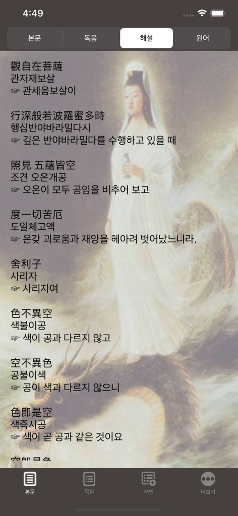 반야심경 해설 - 仏陀の絵を背景にした韓国語の般若心経解説ページ