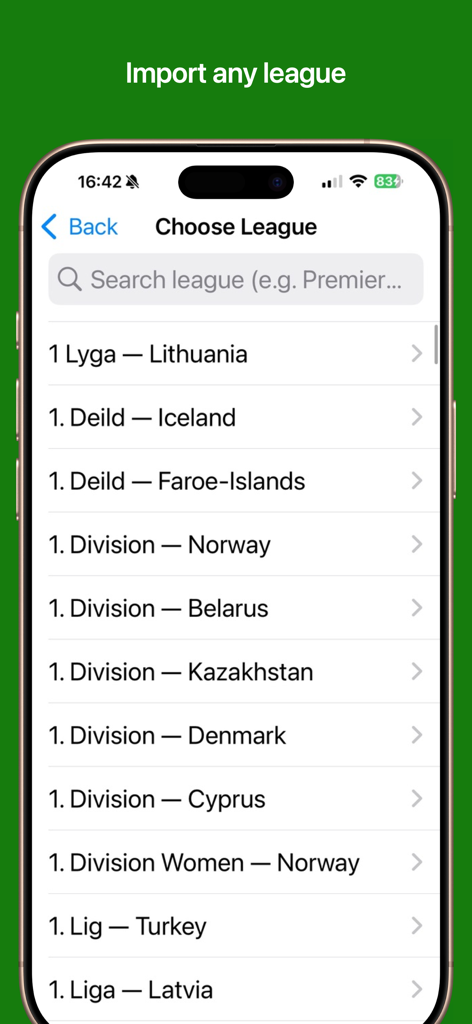 Interface of the Football Pad app displaying a searchable list of global football leagues