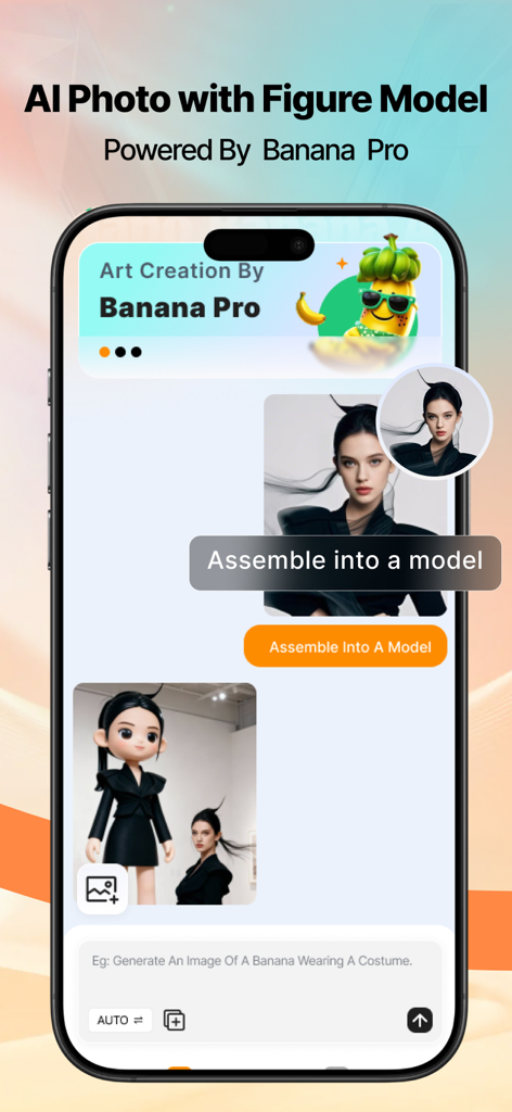 Interfaz de Banana Pro AI Photo Editor mostrando una función que transforma un retrato en un modelo de figura 3D.