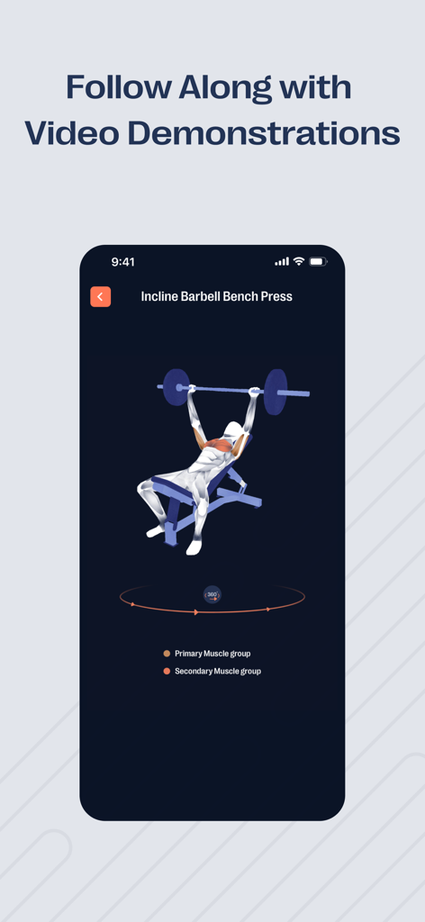Zenoアプリでインクラインバーベルベンチプレスの解剖学的3Dモデルを実演。