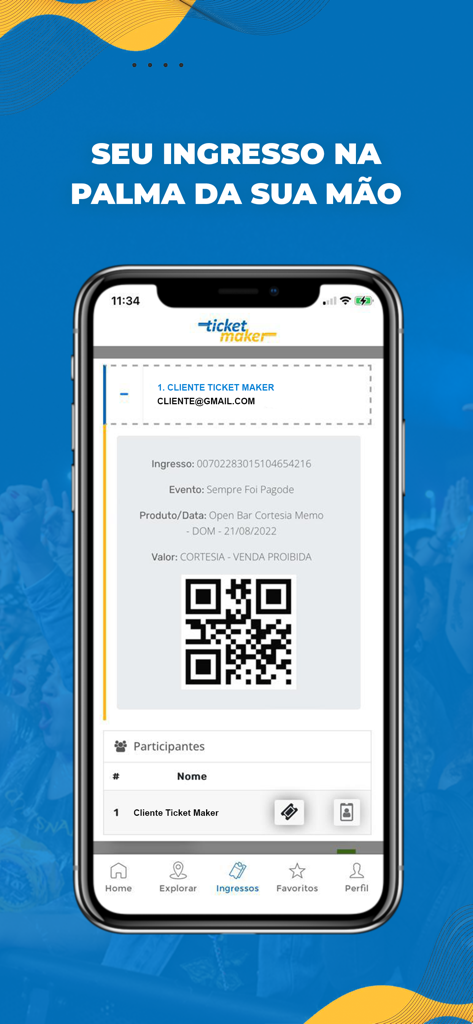 Smartphone-Bildschirm, der ein digitales Ticket mit einem QR-Code in der Ticket Maker App anzeigt.