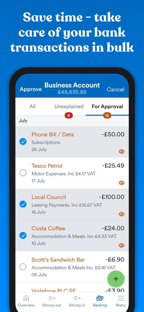 FreeAgent Mobile Accounting - ビジネス銀行取引の一括承認を示すFreeAgentモバイルアプリの画面