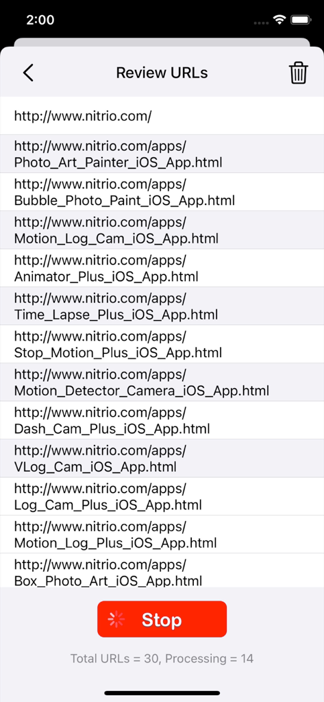 List of website URLs being reviewed and processed in the Images Crawler app.