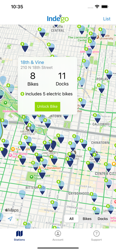 Indego Bike Share - Indego app map interface showing bike and dock availability in Philadelphia