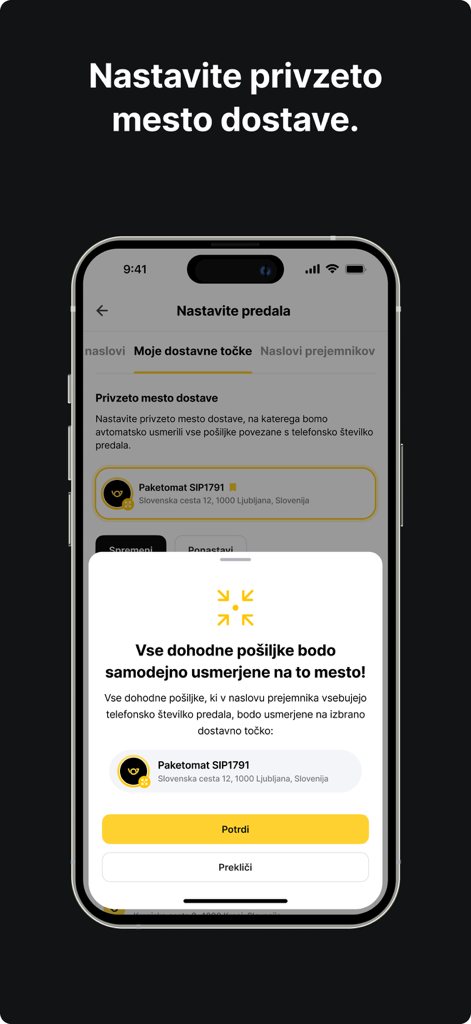 Tela do aplicativo MojaPosta mostrando a configuração do local de entrega padrão para um armário de encomendas.
