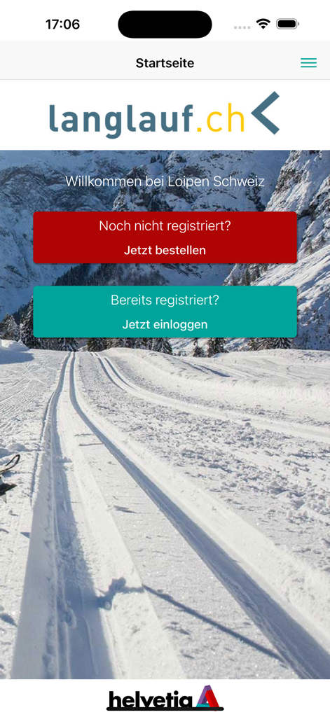 Digitaler Langlaufpass app home screen showing login and order options
