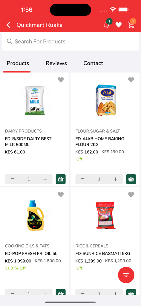 Quickmart Online - Q SOKO - Quickmart Q SOKO mobile app interface showing grocery items including milk, baking flour, cooking oil, and basmati rice with prices and discounts