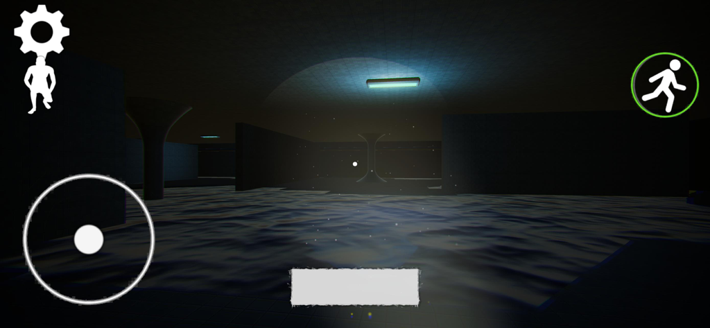 Apeirophobia Escape Backrooms - Vista en primera persona de una habitación oscura e inundada con pilares en el juego móvil Apeirophobia Escape Backrooms
