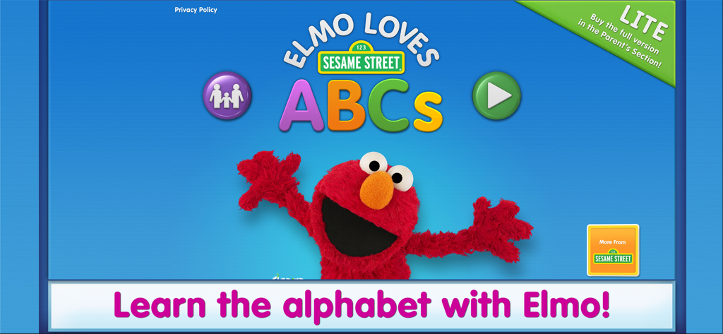 Home screen of the Elmo Loves ABCs Lite app featuring Elmo and the text Learn the alphabet with Elmo