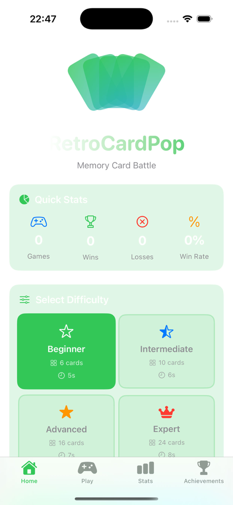 The home screen of the CrushPokerSync app showing quick stats and difficulty level selection for the memory card challenge